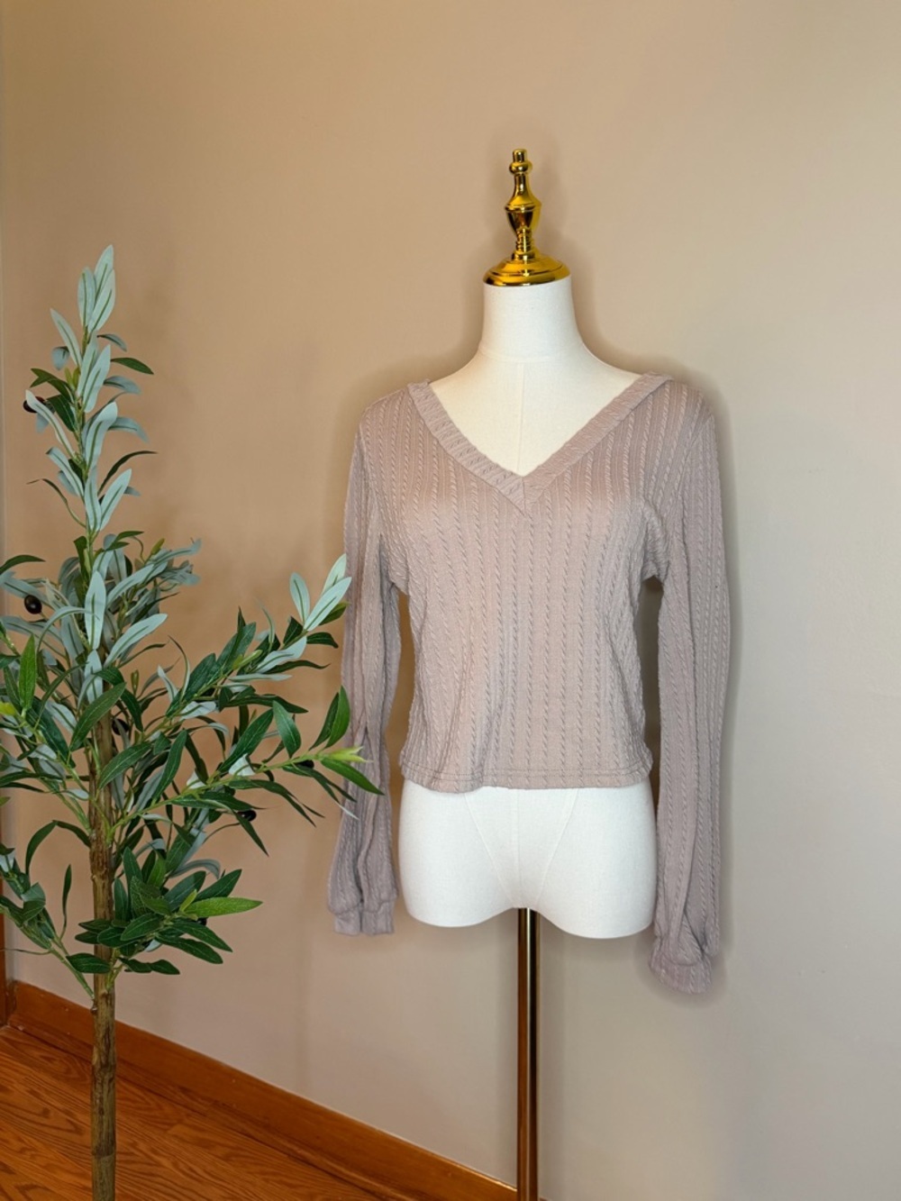 495. Taupe Cable Knit V-Neck Top | Long Sleeve Soft Stretch Sweater Top - Picture 2 of 3